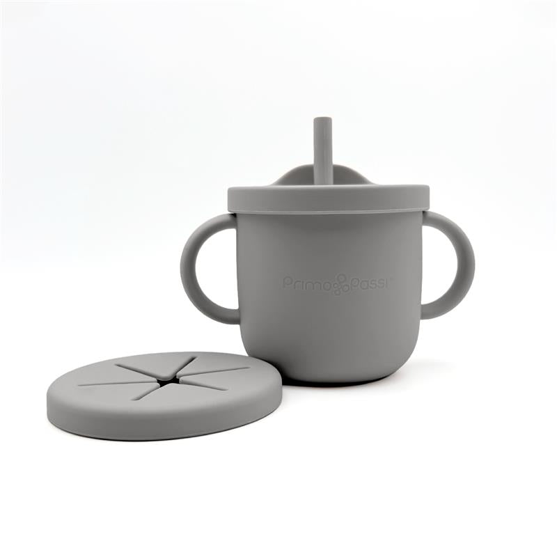 Grey silicone training cup with two handles and a lid, accompanied by a matching suction plate.