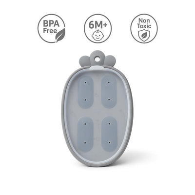 Silicone carrot-shaped freezer and food feeder in senior grey, BPA-free, suitable for ages 6 months and older.