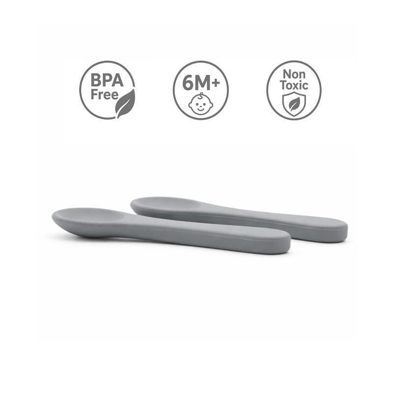 Two BPA-free silicone spoons for infants, suitable for ages 6 months and up, in a senior grey color.