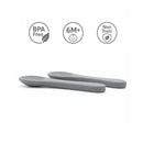 Two BPA-free silicone spoons for infants, suitable for ages 6 months and up, in a senior grey color.
