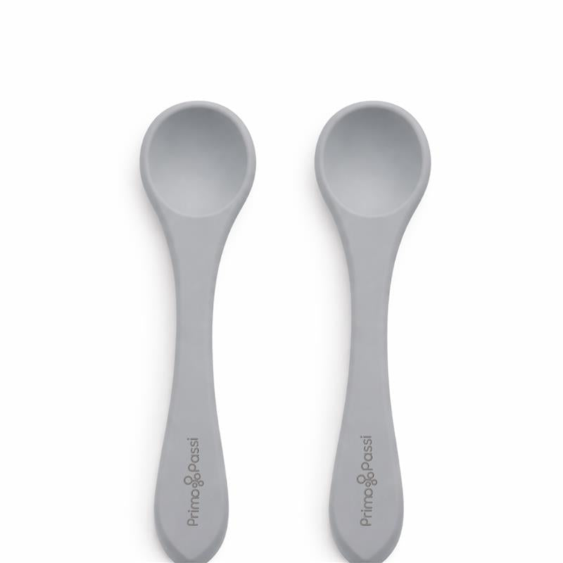 Silicone training spoons in senior grey, designed for young children; two pieces with comfortable handles.
