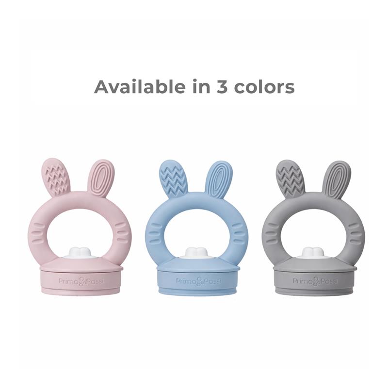 Primo Passi Silicone Food Feeders in rose pink, light blue, and gray, featuring rabbit ear designs.