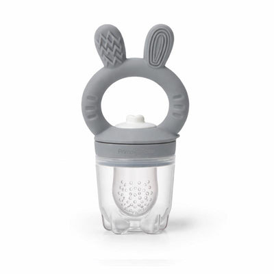 Silicone food feeder with a gray bunny-ear handle, designed for infants to safely eat solid foods.