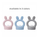 Primo Passi Silicone Food Feeders in pink, blue, and gray, featuring bunny ear designs, suitable for infants.