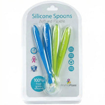 Four silicone spoons in blue and green, labeled as Primo Passi, featuring a soft touch, BPA-free, and non-toxic materials packaging.