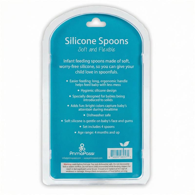 Soft silicone infant feeding spoons in blue and green, designed for easy feeding, with a long ergonomic handle and dishwasher safe.