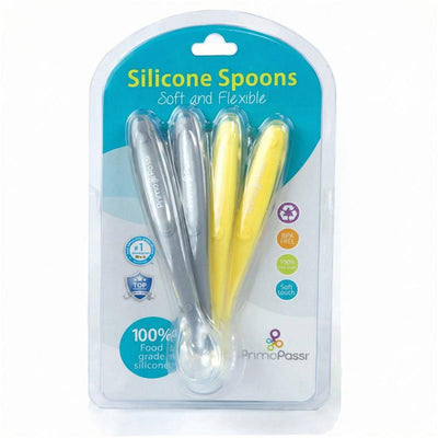 Four-pack of Primo Passi silicone spoons in grey and yellow, labeled as soft, flexible, food-grade, and BPA-free.
