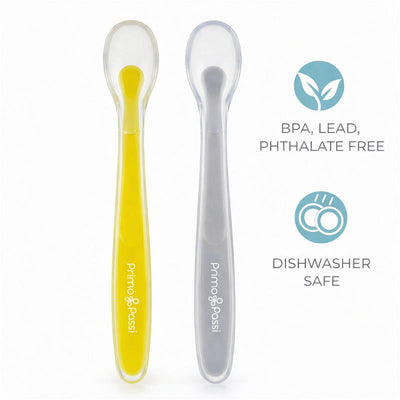 Silicone spoons set of four in grey and yellow, labeled as BPA, lead, phthalate-free and dishwasher safe.