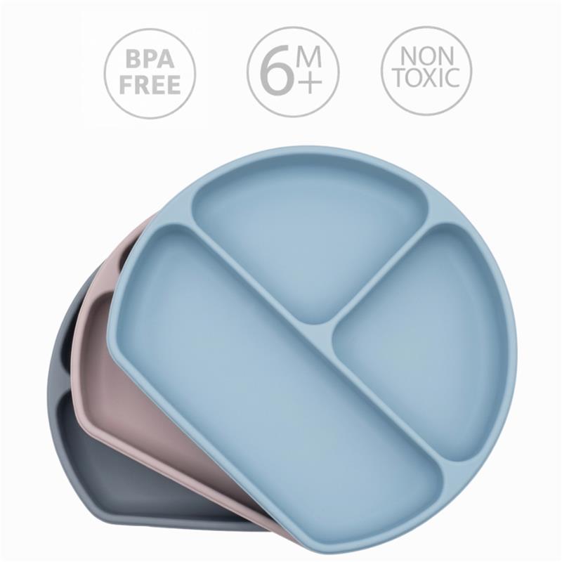 Silicone suction plates in various colors, including rose pink, with compartmentalized sections; BPA free, non-toxic, for ages 6 months and up.