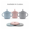 Primo Passi Silicone Training Cup and Snack Cups in dusty blue, pink, and gray, with two handles and straws.