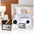 Smart Wi-Fi baby monitor with 5” HD screen displaying a sleeping baby, alongside the camera and packaging.