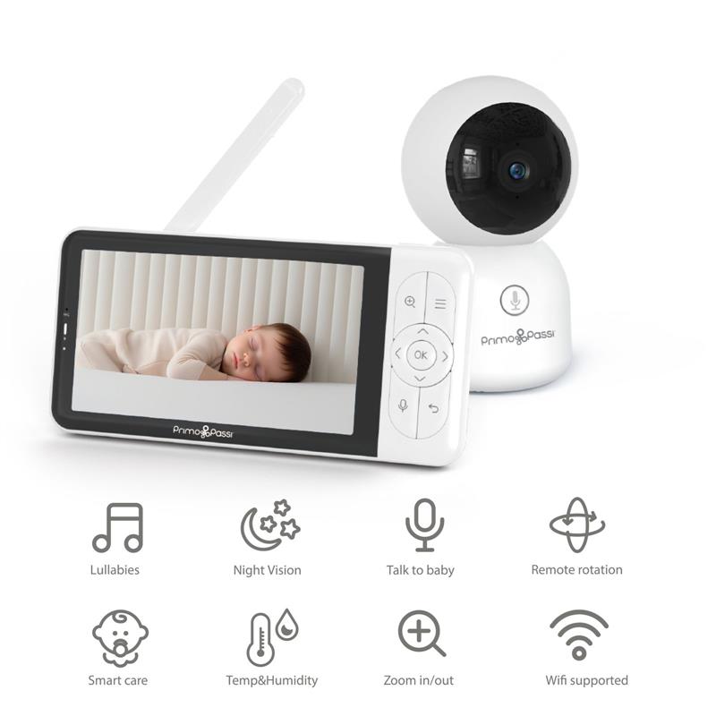 Smart Wi-Fi baby monitor featuring a 5” HD screen displaying a sleeping baby, with night vision camera and control buttons.