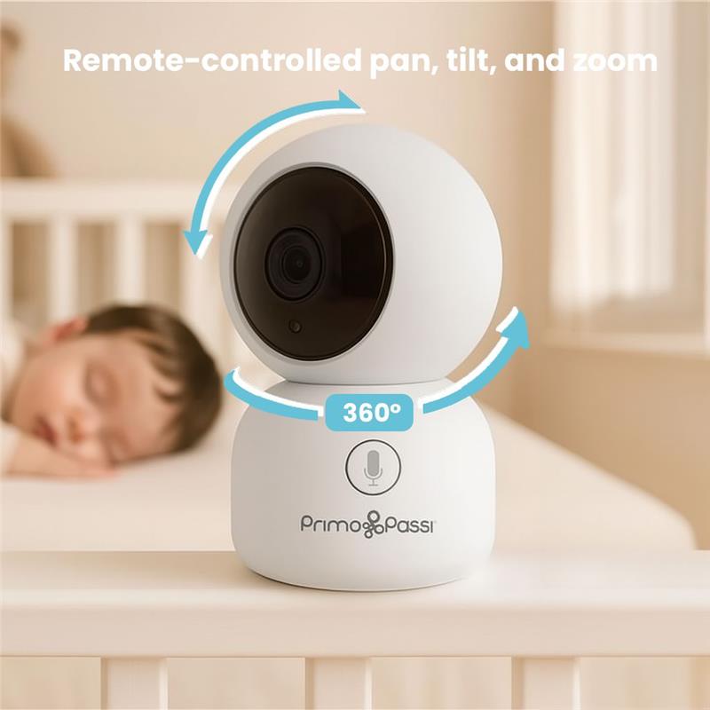 Smart Wi-Fi baby monitor by Primo Passi with a 5” HD screen, featuring remote-controlled pan, tilt, and zoom capabilities.