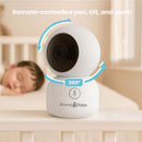 Smart Wi-Fi baby monitor by Primo Passi with a 5” HD screen, featuring remote-controlled pan, tilt, and zoom capabilities.