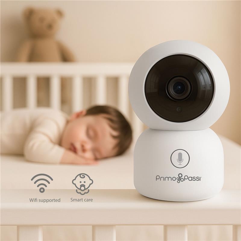 Smart Wi-Fi baby monitor by Primo Passi with 5” HD screen, night vision, and app access, observing a sleeping baby.