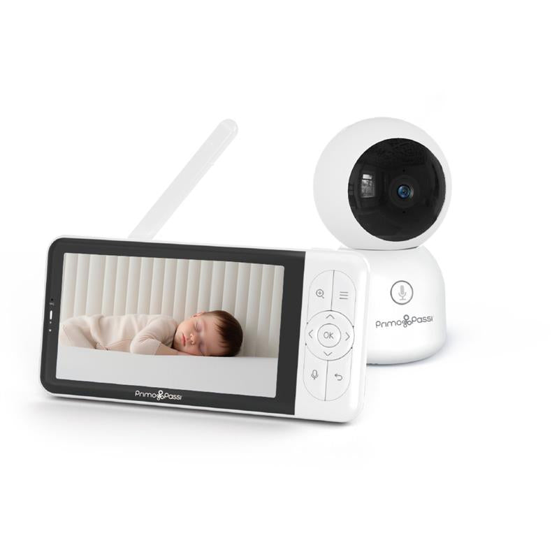 Primo Passi Smart Wi-Fi Baby Monitor with 5” HD screen displays a sleeping baby and includes a camera for monitoring.