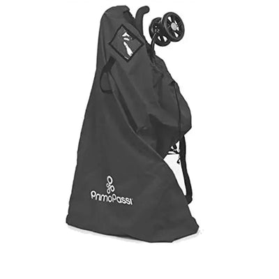 Black travel bag for stroller with Primo Passi logo, featuring zipper closure and wheel visibility.
