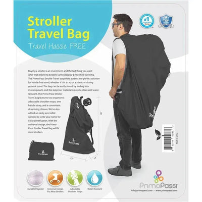 Black Primo Passi stroller travel bag being carried by a man; features include adjustable straps and a water-resistant design.