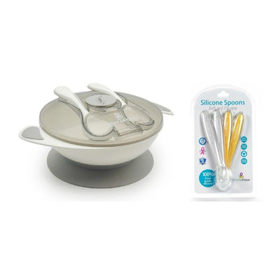 Suction bowl in grey with a lid and two handles, accompanied by a 4-pack of soft silicone spoons in grey and yellow.
