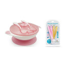 Light pink suction bowl with a lid and two matching silicone spoons, alongside a 4-pack of colorful spoons in pink, yellow, and white.