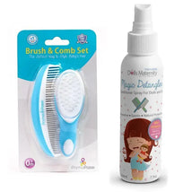 Primo Passi Super Soft Baby Comb and Brush Set in blue next to Magic Detangler Conditioner spray for dolls and girls.