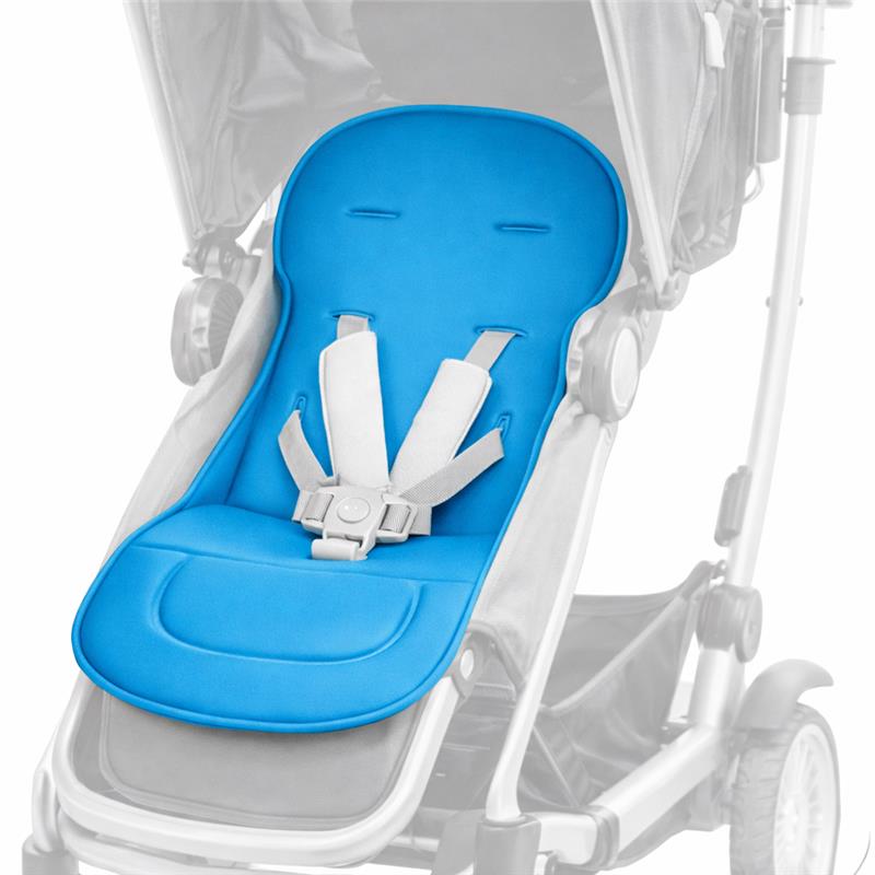 Blue padded stroller liner with adjustable straps, designed for infant comfort and protection in a stroller.
