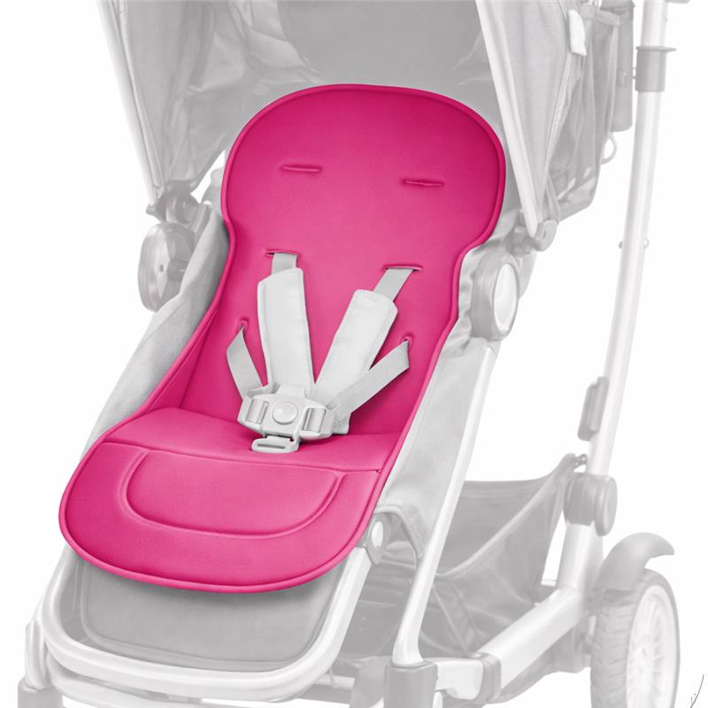 Primo Passi universal stroller liner in bright pink with adjustable safety harness, designed for infant comfort.