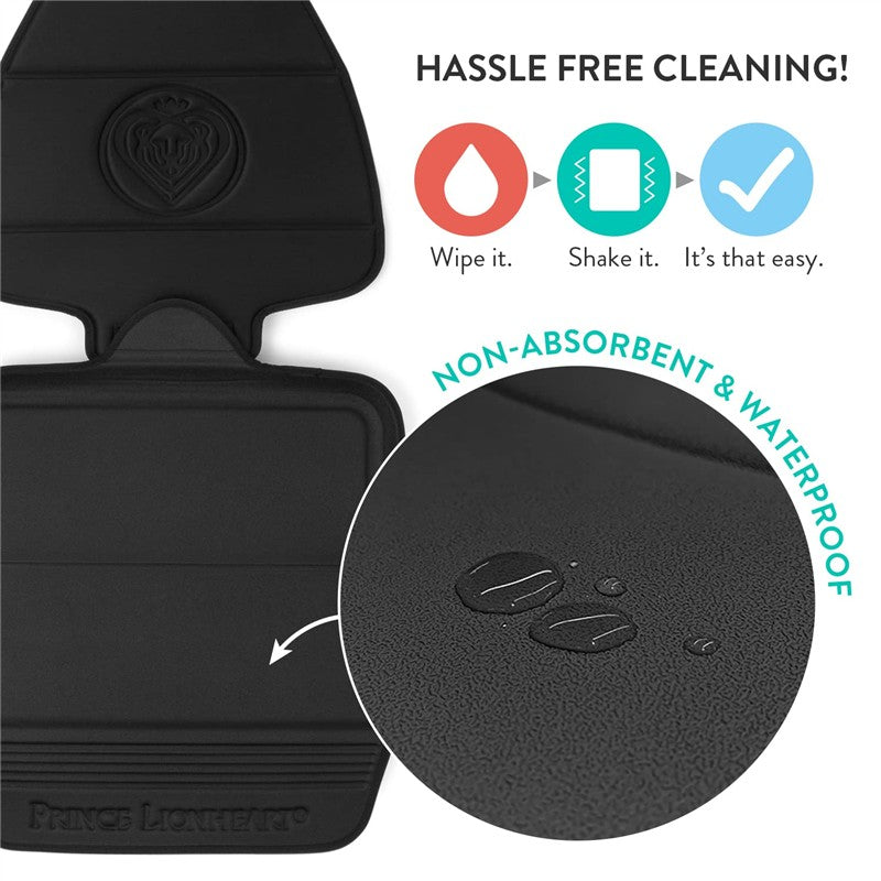 Black Prince Lionheart 2-Stage Seat Saver showing waterproof texture with water droplets, emphasizing easy cleaning features.