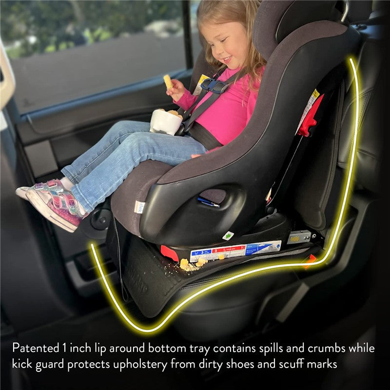 Prince Lionheart 2-Stage Seat Saver in black, featuring a 1-inch lip for spills, crumbs, and shoe scuff protection under a child in a car seat.