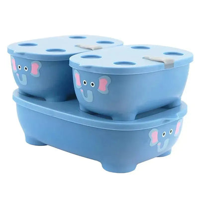 Blue, elephant-themed stackable food containers with lids, designed for children, featuring cute elephant faces.