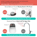 Prince Lionheart Faucet Extender - Glacier, showing installation guidelines for normal and gooseneck faucets, with perimeter measurements.