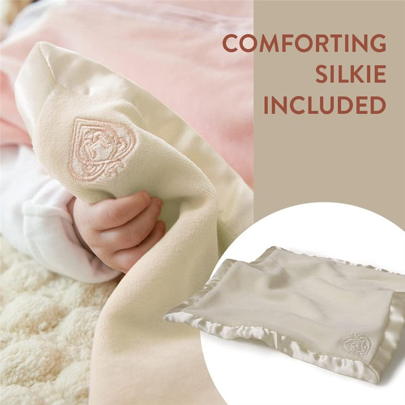 Pink Prince Lionheart Original Slumber Bear with a comforting silkie, featuring soft textures and an embroidered logo detail.