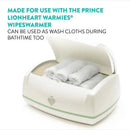 Warmies Wipes Warmer with three rolled white washcloths inside, designed to warm wipes for bathtime use.