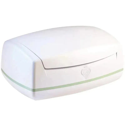 Warmies Wipes Warmer by Prince Lionheart, featuring a sleek white design with a green accent stripe.