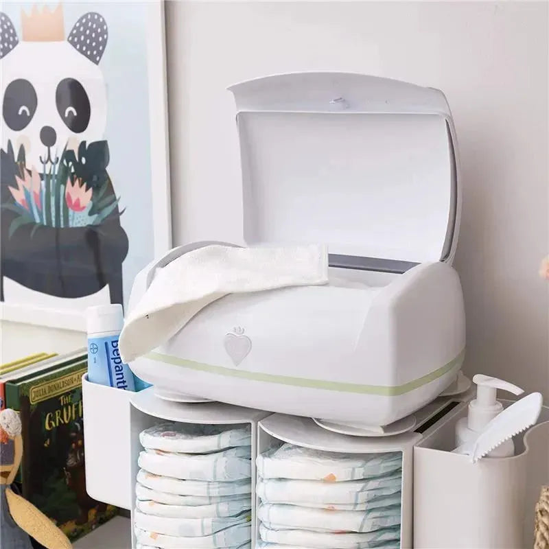 Warmies Wipes Warmer by Prince Lionheart with lid open, showcasing a clean white design and a white cloth on top.