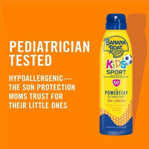 Banana Boat Kids Sport Sunscreen Spray Lotion SPF 50, 6oz, hypoallergenic, pediatrician tested, with Powerstay technology.