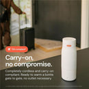 Portable milk warmer with a modern design, featuring an orange button, on a table with a suitcase in the background.