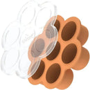 Silicone baby food freezer tray with a clear lid, featuring six compartments for portioning food.