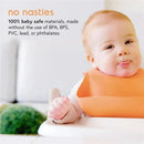 Silicone baby food freezer tray with lid featuring a smiling baby wearing an orange bib, promoting safety materials.