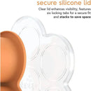 Silicone baby food freezer tray with clear lid, featuring six locking tabs and design for stacking to save space.