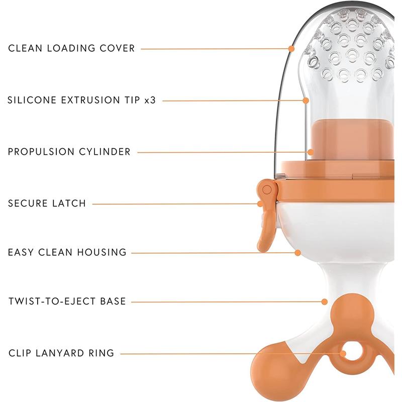 Quark Fruuti Baby Fruit Feeder with clean loading cover, silicone extrusion tips, secure latch, and clip lanyard ring.