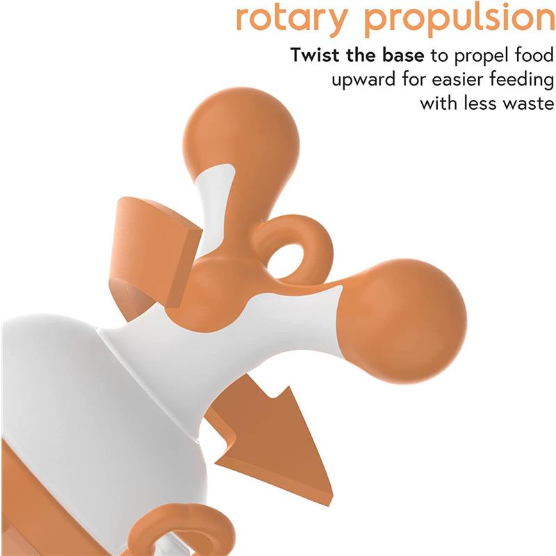 Quark Fruuti Baby Fruit Feeder features a unique design with orange and white colors, promoting easy feeding by twisting the base.