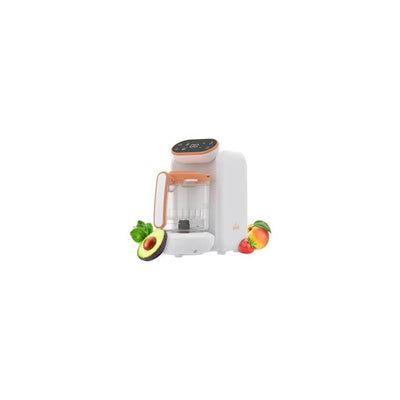 5-in-1 baby food processor with a digital display, accompanied by avocado, peach, and strawberry.