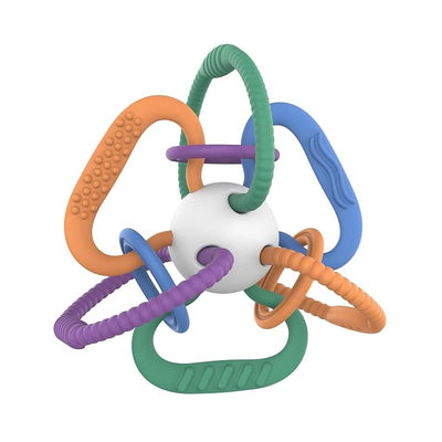 Colorful Quark Thiingy baby teething toy featuring multiple textured rings and a central ball for enhanced grip and sensory play.