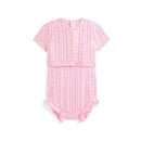 Ralph Lauren Baby pink sleeveless cotton sweater shortall with matching cardigan, featuring cable knit design and buttons.