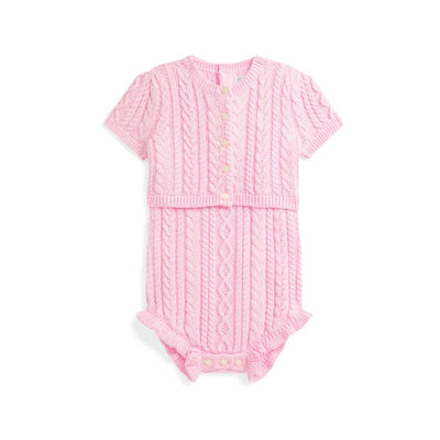 Ralph Lauren Baby pink sleeveless cotton sweater shortall with matching cardigan, featuring cable knit design and buttons.