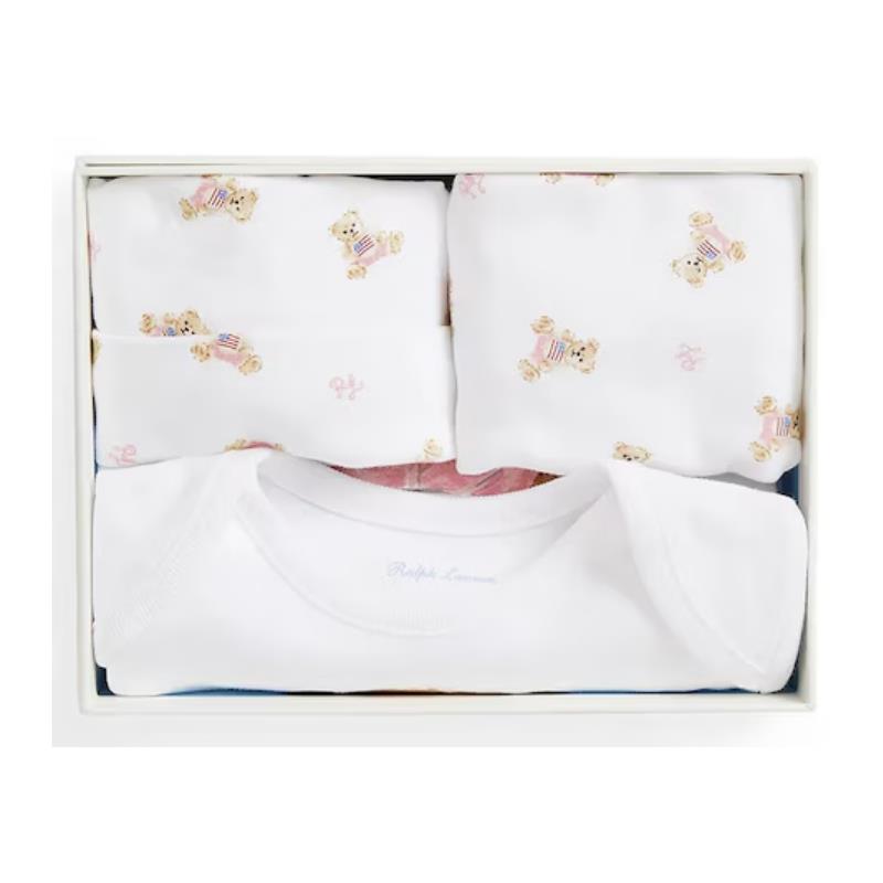 Ralph Lauren Baby 3-pack long-sleeve bodysuit, hat, and bib with novelty bear graphic, presented in a gift box.
