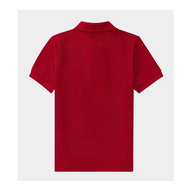 Red polo shirt with short sleeves and a collar, designed for babies by Ralph Lauren.