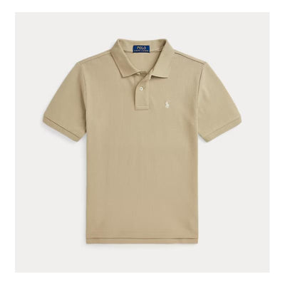 Beige polo shirt for boys by Ralph Lauren, featuring a collar, short sleeves, and the trademark logo on the chest.