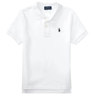 White Ralph Lauren Baby Boy Performance Jersey Polo Shirt featuring a black embroidered polo player logo and buttoned collar.